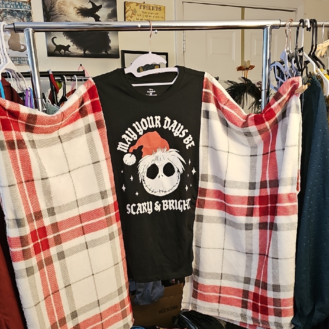 Upcycke Of The Nightmare Before Christmas Black Graphic Tee And Fleece Blanket